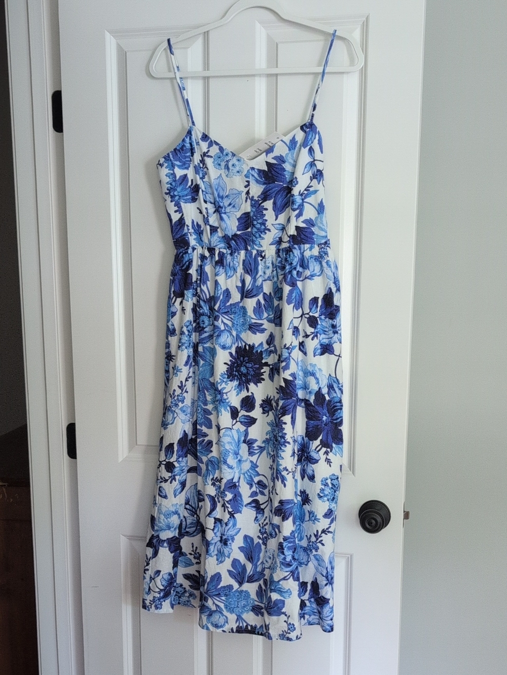 Blue Floral Midi Dress with Spaghetti Straps - Linen